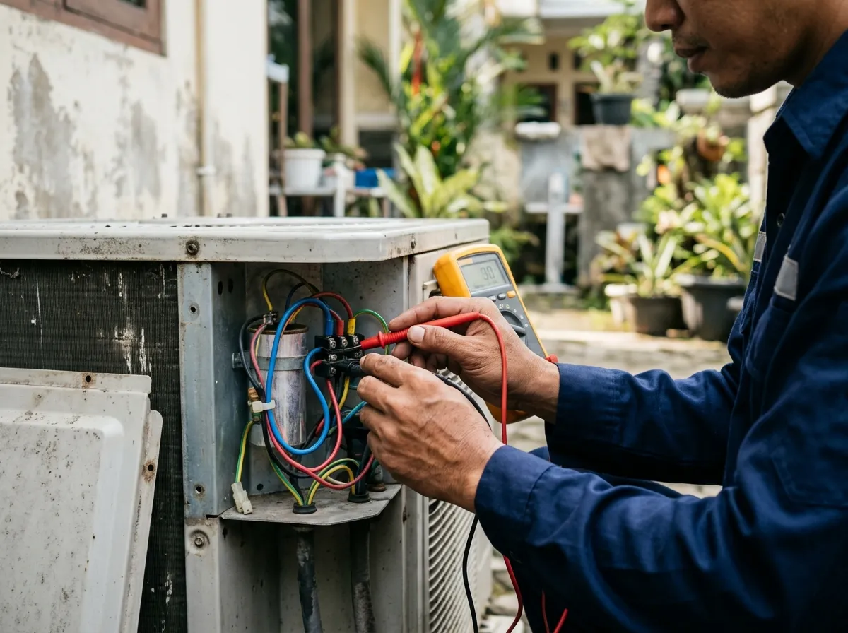 Teknisi memeriksa kelistrikan unit AC luar dengan multimeter
