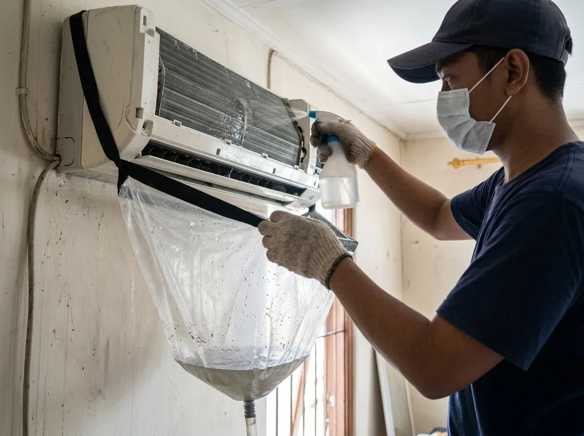 Teknisi mencuci unit AC dalam dengan semprotan dan kantong penampung air