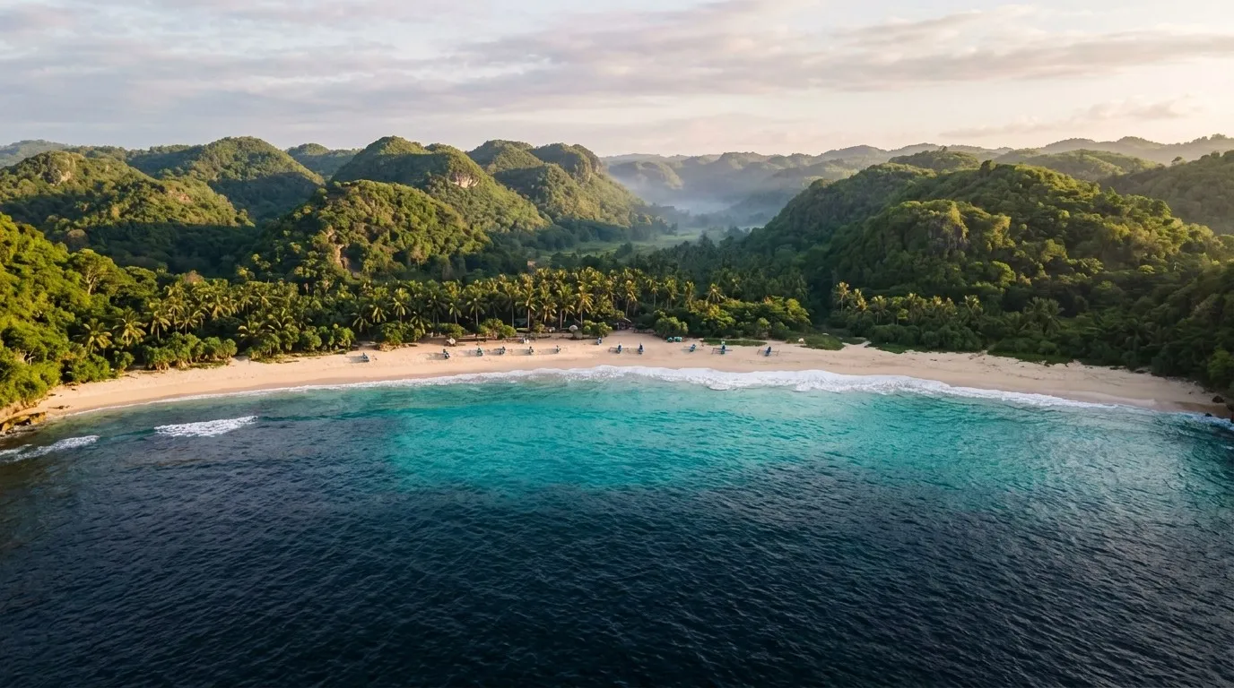 Teluk pantai di pesisir selatan Jogja dengan perbukitan hijau