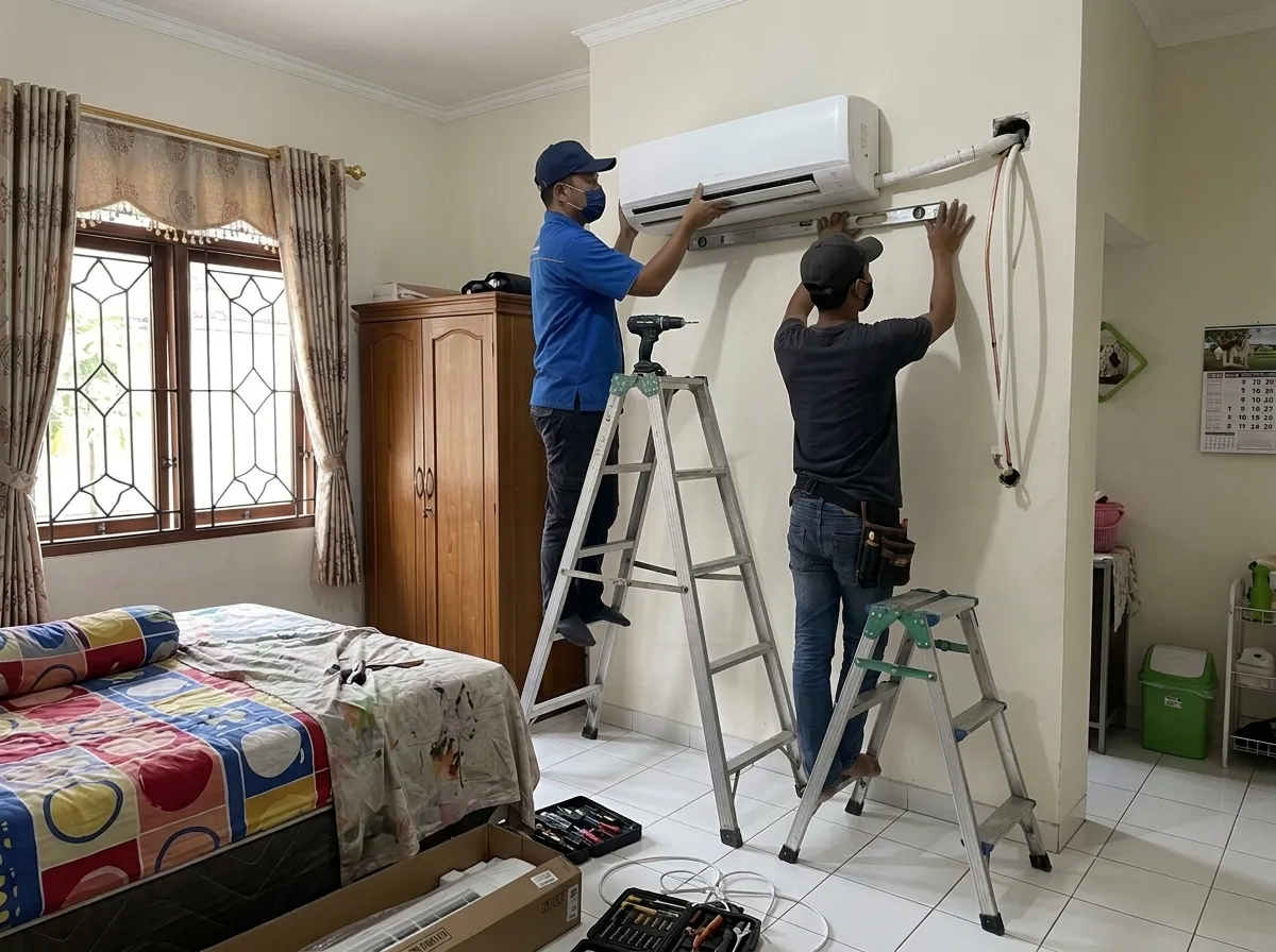 Dua teknisi memasang unit AC dalam di kamar tidur dengan waterpass