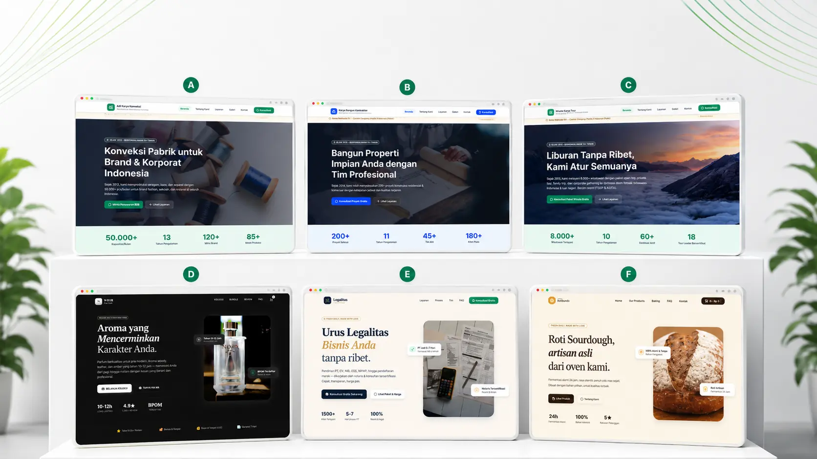 Ragam contoh desain website buatan Wibolabs — konveksi, kontraktor, travel, parfum, jasa legalitas, dan bakery