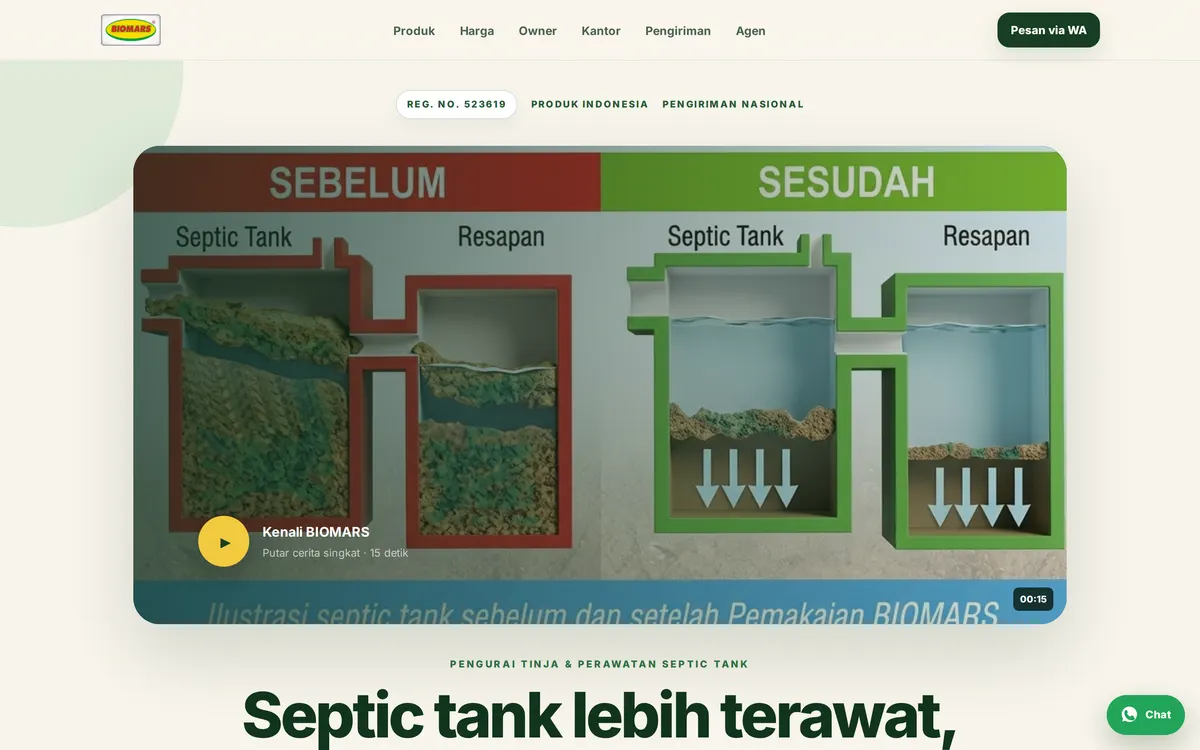 Landing page produk Biomars dengan bagian hitung hemat